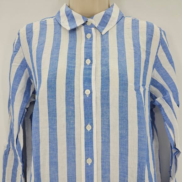 J. Crew Womans size M Linen Cotton Button Up Shirt Blue White Stripe BY037 NEW - Picture 2 of 9